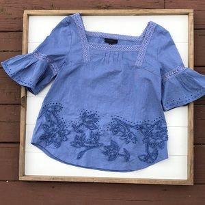 J. Crew Blue Top with Ruffle sleeves